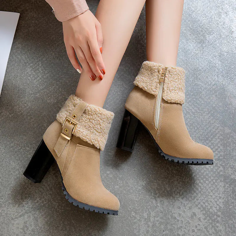 2025 Women's Warm High Heel Snow Boots with Lamb Fur