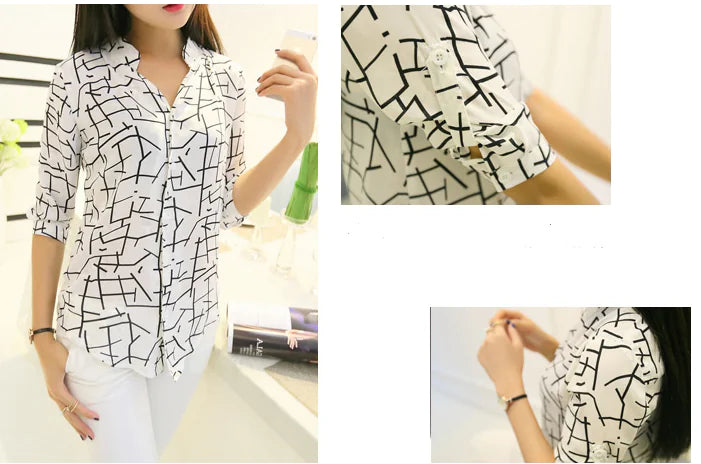 Korean Style Women's Striped Shirt with 3/4 Sleeves