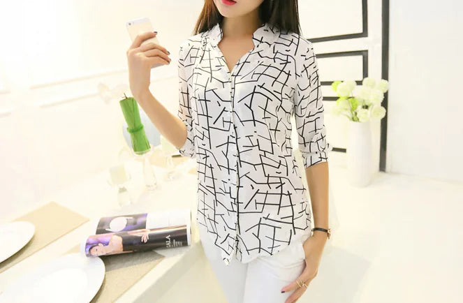 Korean Style Women's Striped Shirt with 3/4 Sleeves