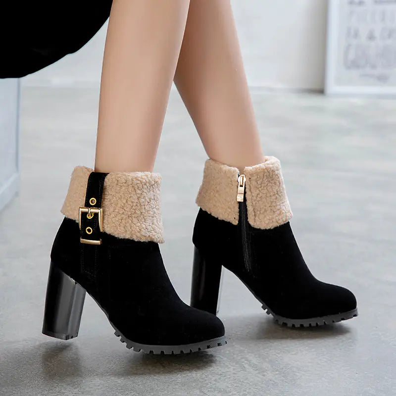 2025 Women's Warm High Heel Snow Boots with Lamb Fur