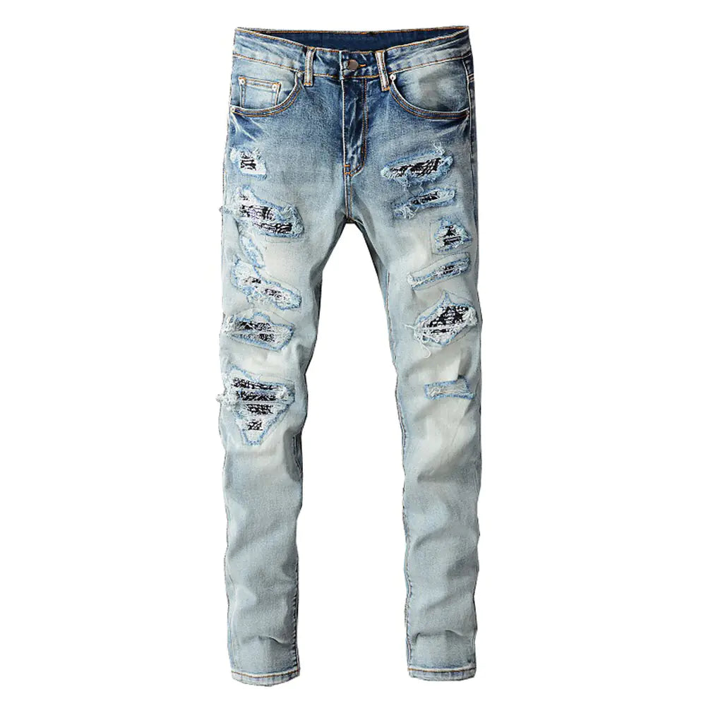 Men's Fashion Knee Hole Patch Jeans