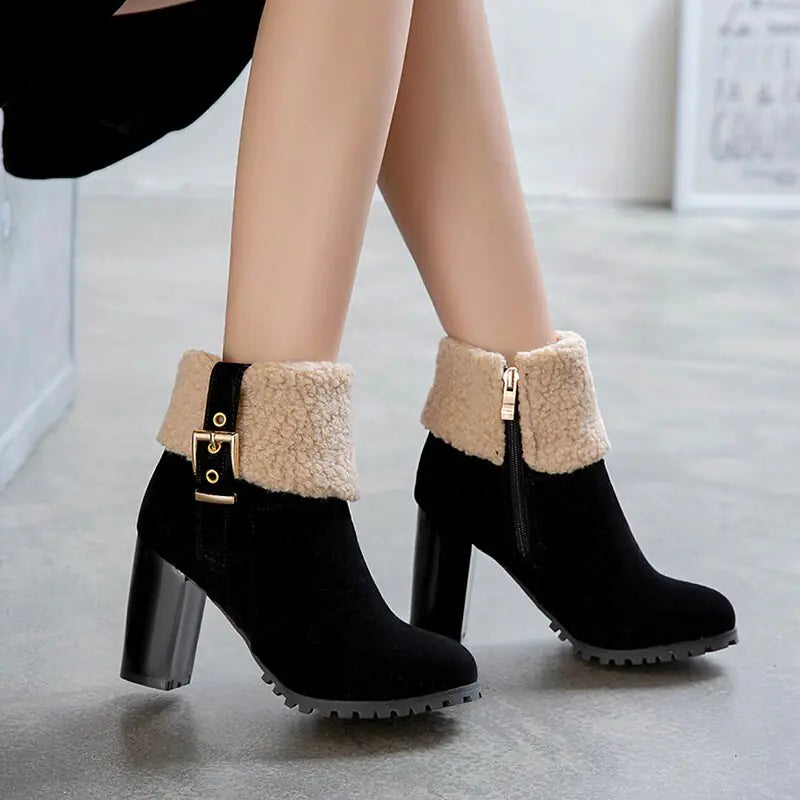 2025 Women's Warm High Heel Snow Boots with Lamb Fur