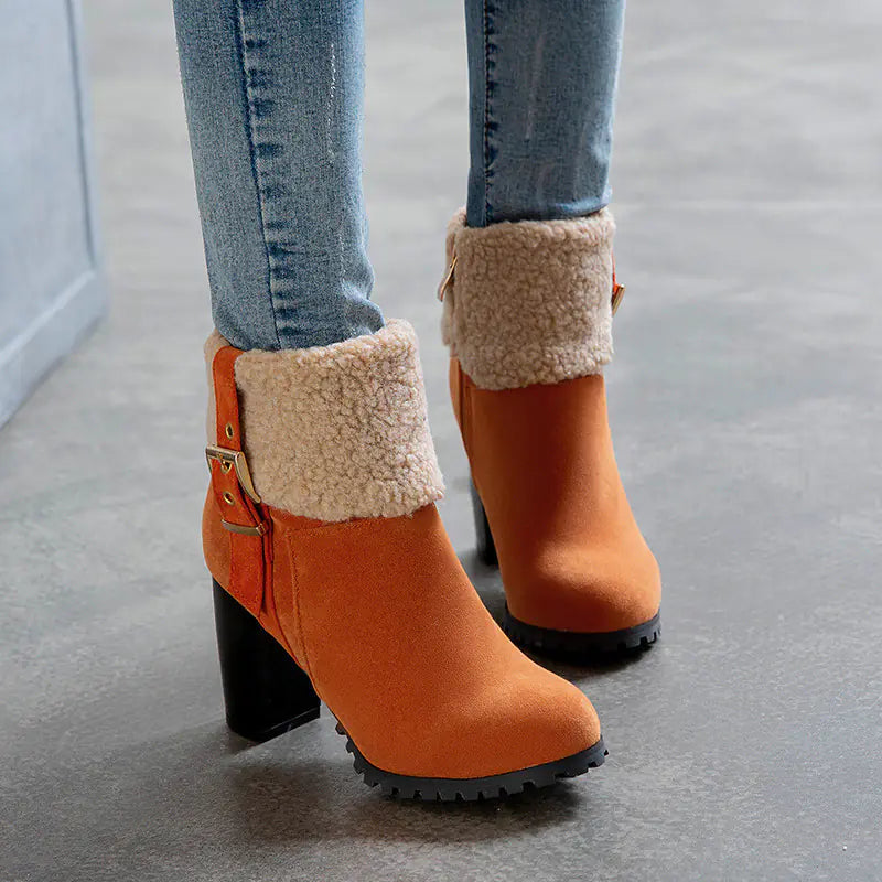 2025 Women's Warm High Heel Snow Boots with Lamb Fur