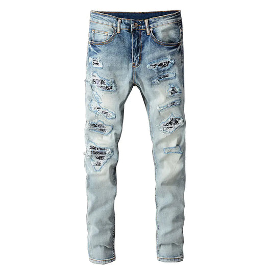 Men's Fashion Knee Hole Patch Jeans