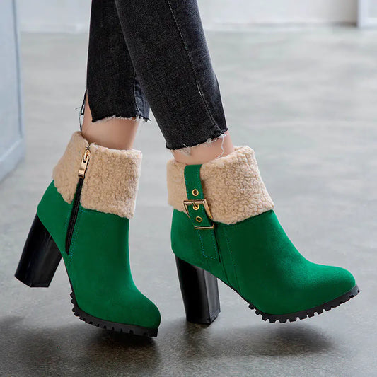 2025 Women's Warm High Heel Snow Boots with Lamb Fur