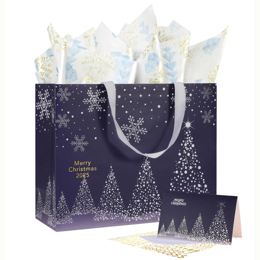 Bobobag 13" Deep Blue Large Christmas Gift Bag with Tissue Paper and Greeting Card Personalized Platinum Quality Gift Bag for Mans Present